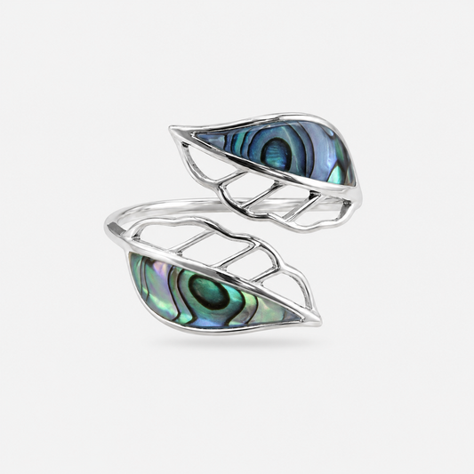 Bague réglable deux feuilles en argent 925 et abalone naturelle