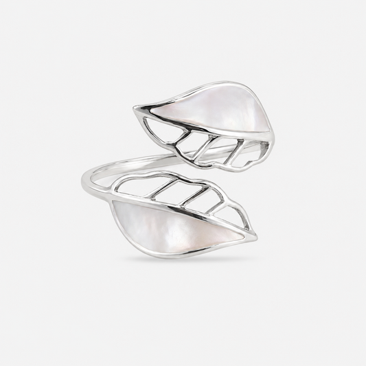 Bague réglable deux feuilles en argent 925 et nacre naturelle