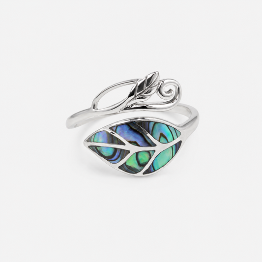 Bague réglable feuille en argent 925 et abalone naturelle