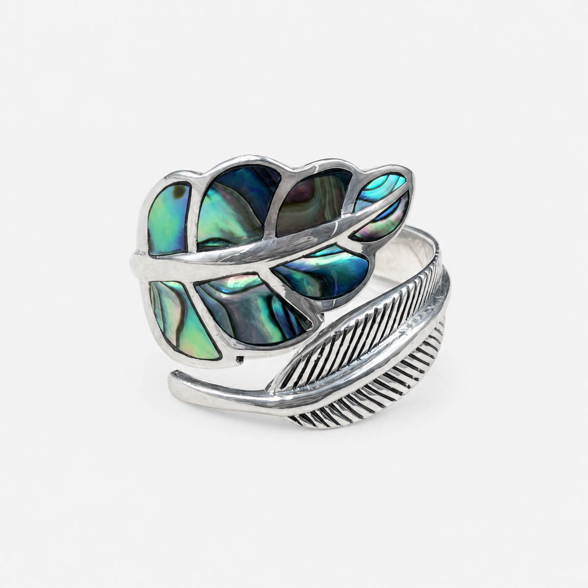 Bague réglable feuille grand modèle en argent 925 et abalone naturelle