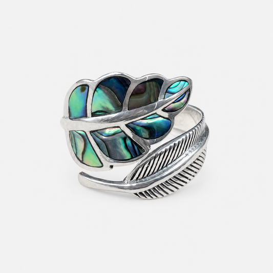 Bague réglable feuille grand modèle en argent 925 et abalone naturelle