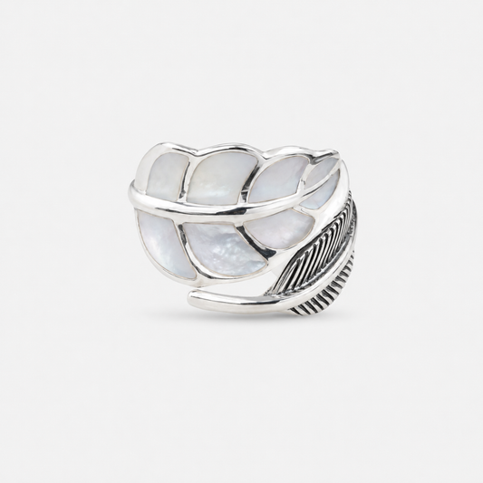 Bague réglable feuille grand modèle en argent 925 et nacre naturelle