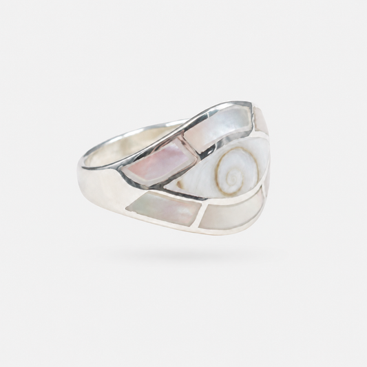 Bague Œil en argent 925, nacre et Œil de Sainte-Lucie naturels sur fond gris clair