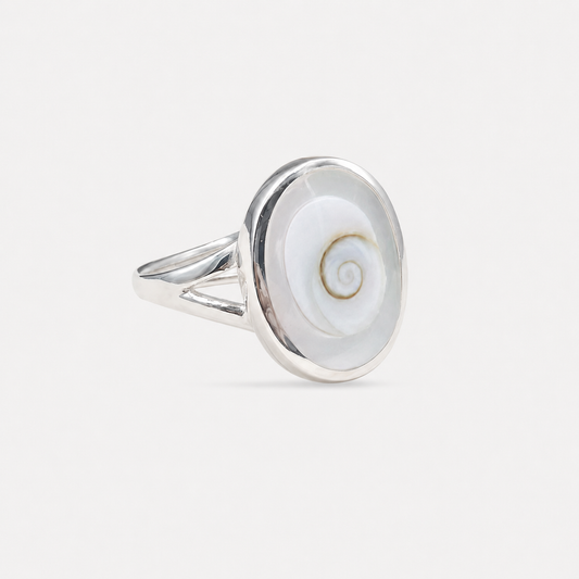 Bague ovale en argent 925, nacre et Œil de Sainte-Lucie naturels