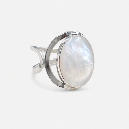 Bague réglable ovale grand cabochon en argent 925 et nacre naturelle