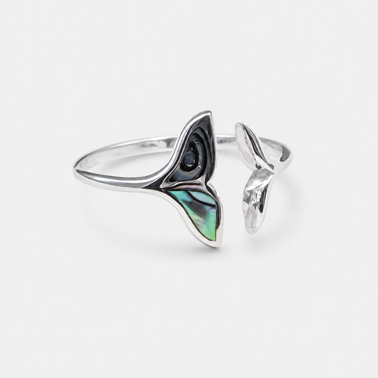 Bague réglable queue de baleine en argent 925 et abalone naturelle
