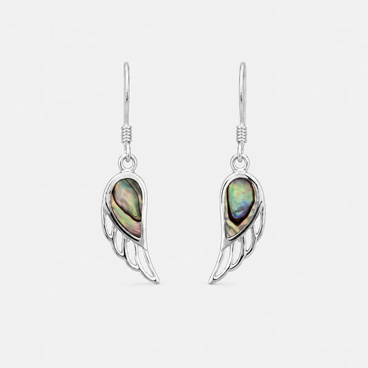 Boucles d'oreilles Aile d'Ange petit modèle en argent 925 et abalone naturelle sur fond gris clair