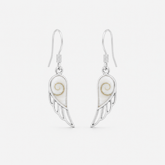 Boucles d'oreilles Aile d'Ange en argent 925 et Œil de Sainte-Lucie naturel sur fond gris clair