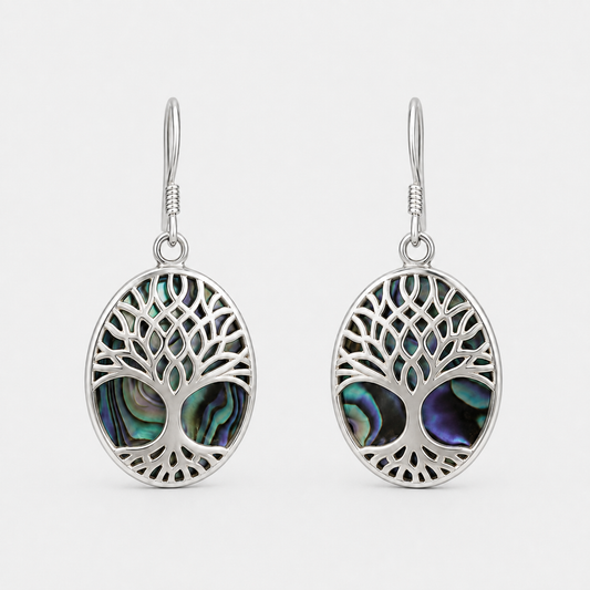 Boucles d'oreilles Arbre de Vie ovales en argent 925 et abalone naturelle, recto sur fond gris clair
