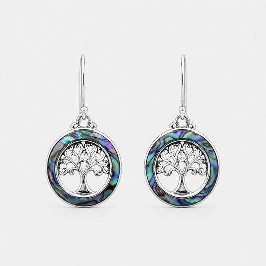 Boucles d'oreilles Arbre de Vie rondes en argent 925 et abalone naturelle sur fond gris clair