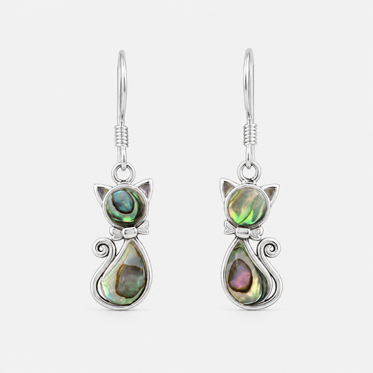 Boucles d'oreilles Chat en argent 925 et abalone naturelle sur fond gris clair