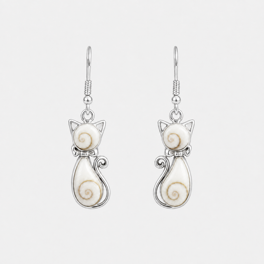 Boucles d'oreilles Chat en argent 925 et Œil de Sainte-Lucie naturel sur fond gris clair