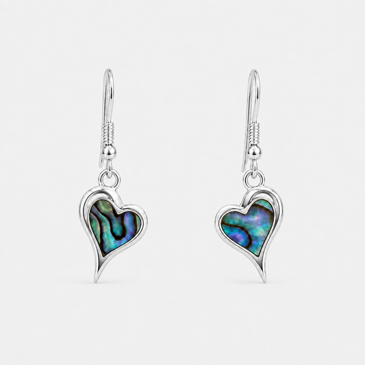 Boucles d'oreilles Cœur en argent 925 et abalone naturelle sur fond gris clair