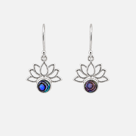 Boucles d'oreilles Fleur de Lotus en argent 925 et abalone naturelle sur fond gris clair