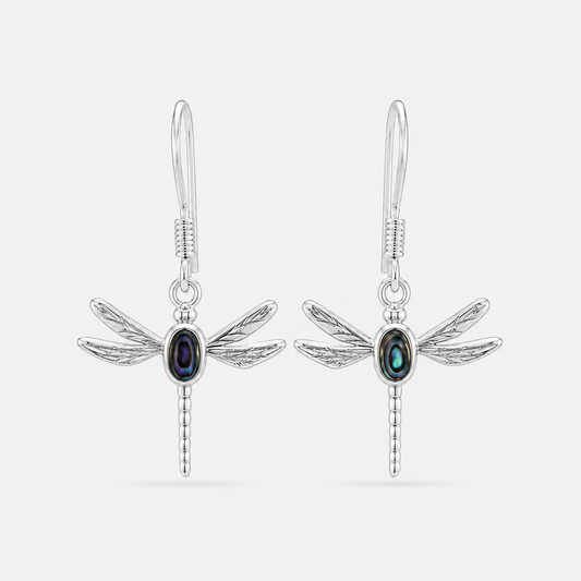 Boucles d'oreilles libellule en argent 925 et abalone naturelle sur fond gris clair