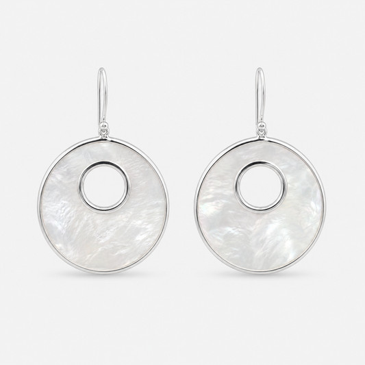 Grandes boucles d'oreilles rondes en argent 925 et nacre naturelle sur fond gris clair