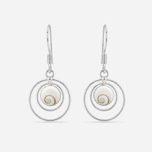 Boucles d'oreilles rondes à deux cercles en argent 925 et Œil de Sainte-Lucie naturel sur fond gris clair