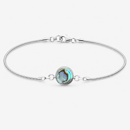 Bracelet en argent 925 avec médaillon rond en abalone naturelle sur chaîne serpent