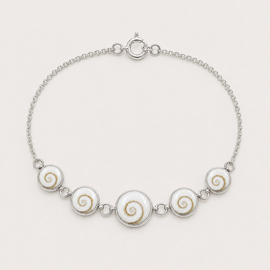 Bracelet argent 925 cinq médaillons recto verso Œil de Sainte-Lucie – faces spirales