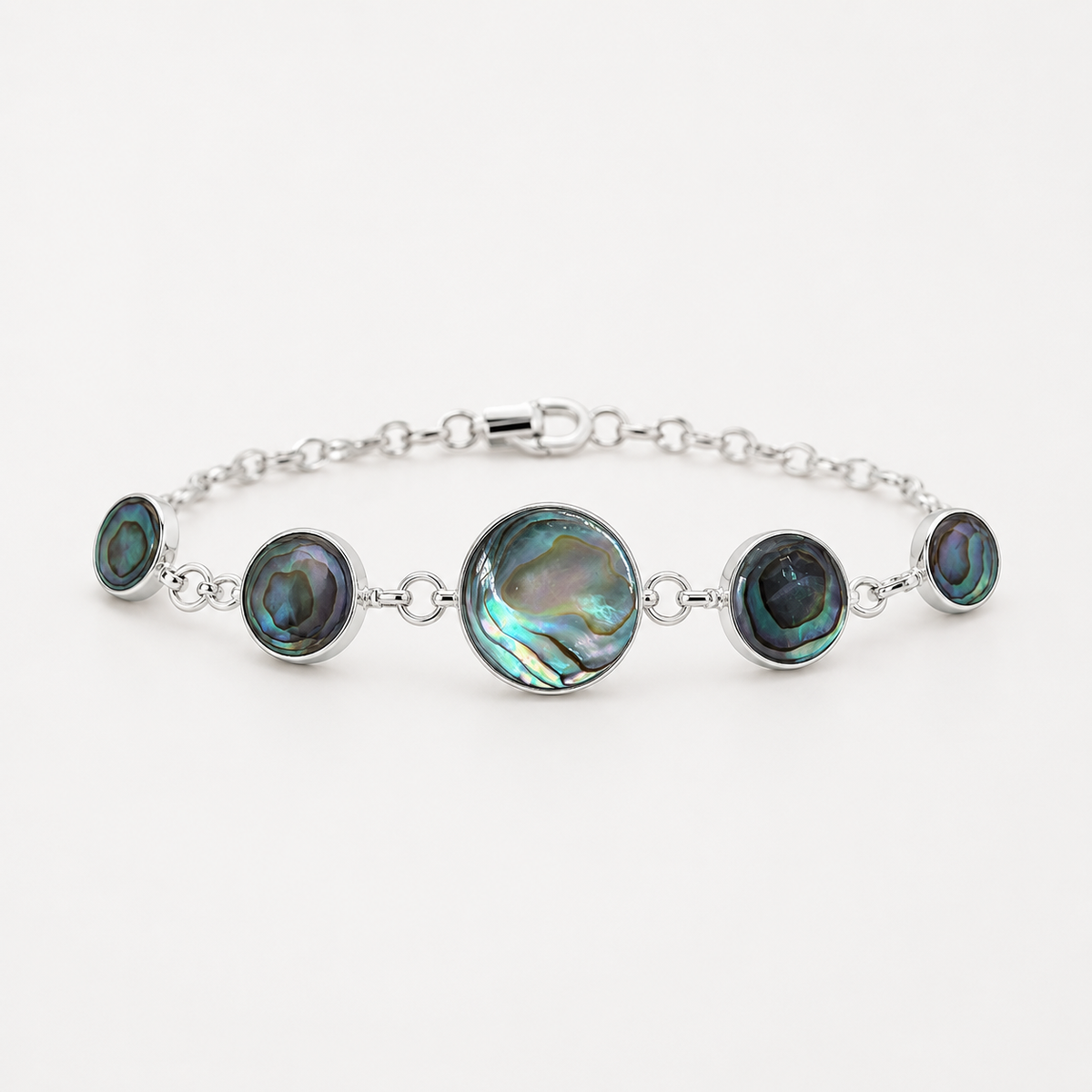 Bracelet fermé en argent 925 avec cinq médaillons ronds en abalone naturelle