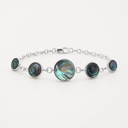 Bracelet fermé en argent 925 avec cinq médaillons ronds en abalone naturelle