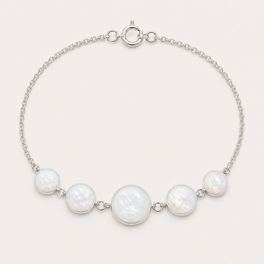 Bracelet argent 925 avec cinq médaillons ronds en nacre naturelle