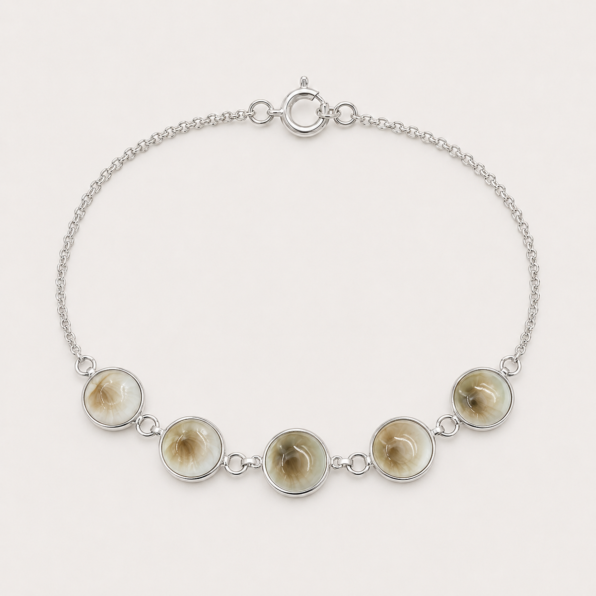 Bracelet argent 925 cinq médaillons recto verso Œil de Sainte-Lucie – faces nacrées brunes
