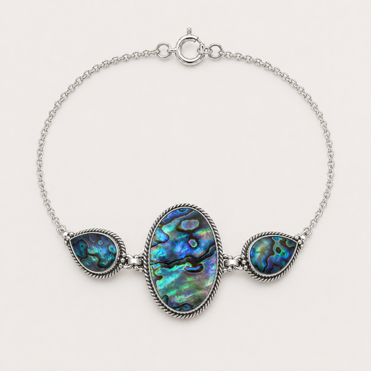 Bracelet argent 925 grand médaillon ovale et deux gouttes en abalone naturelle