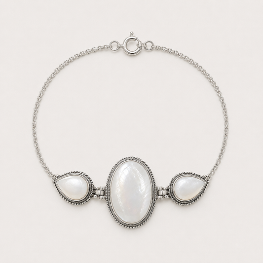 Bracelet argent 925 grand médaillon ovale et deux gouttes en nacre naturelle