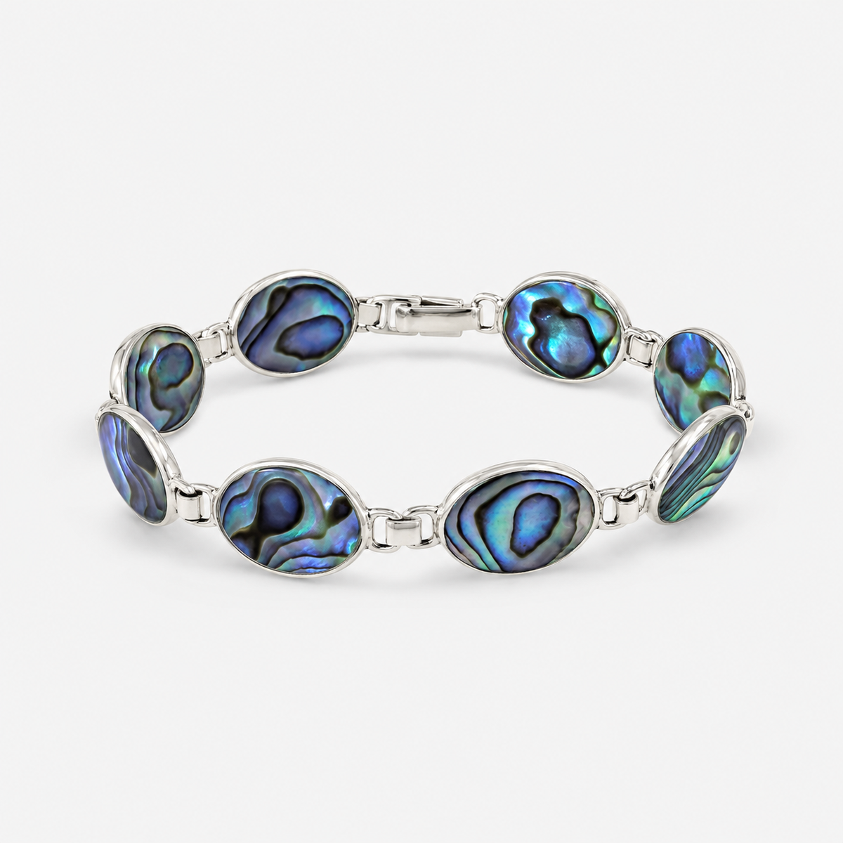 Bracelet fermé en argent 925 avec huit grands médaillons ovales en abalone naturelle