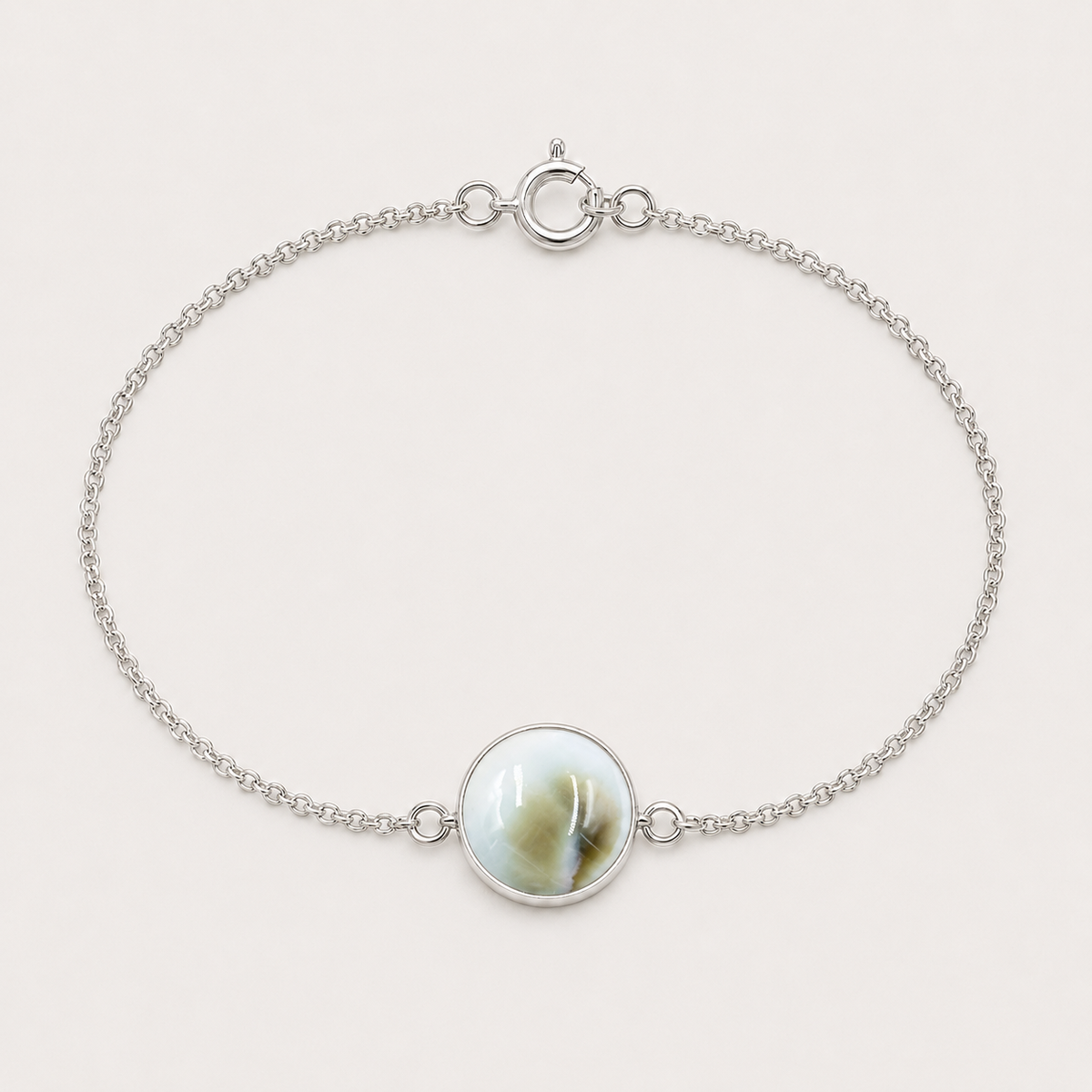 Bracelet argent 925 médaillon rond recto verso Œil de Sainte-Lucie – face nacrée brun olive