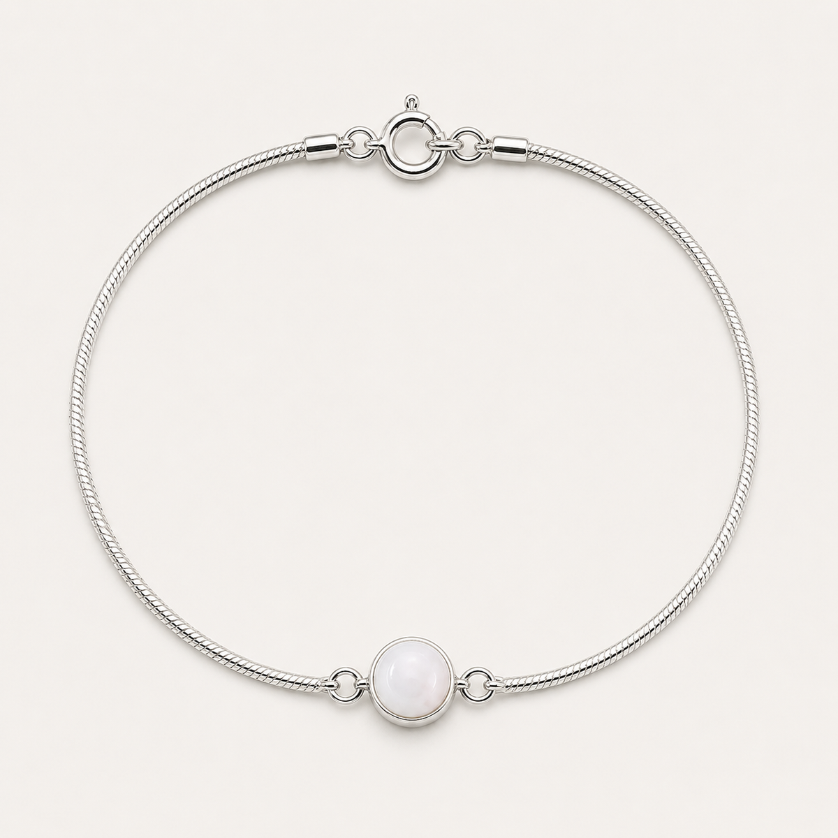 Bracelet argent 925 chaîne serpent avec médaillon rond en nacre naturelle