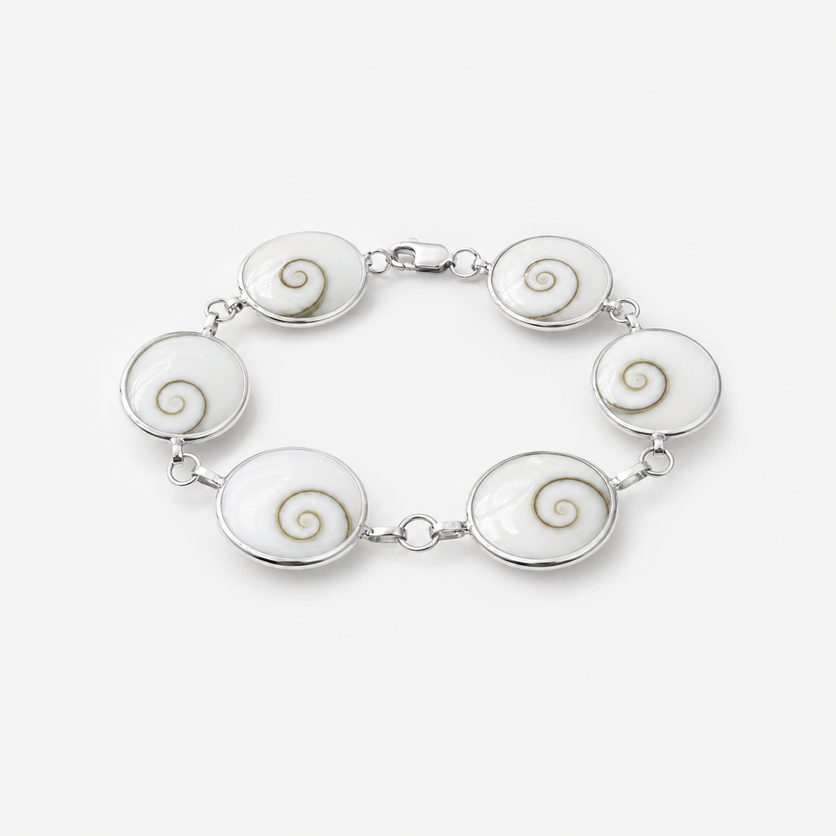 Bracelet fermé en argent 925 avec six grands médaillons ronds en Œil de Sainte-Lucie naturel, recto