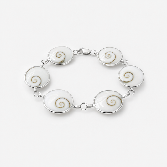 Bracelet fermé en argent 925 avec six grands médaillons ronds en Œil de Sainte-Lucie naturel, recto