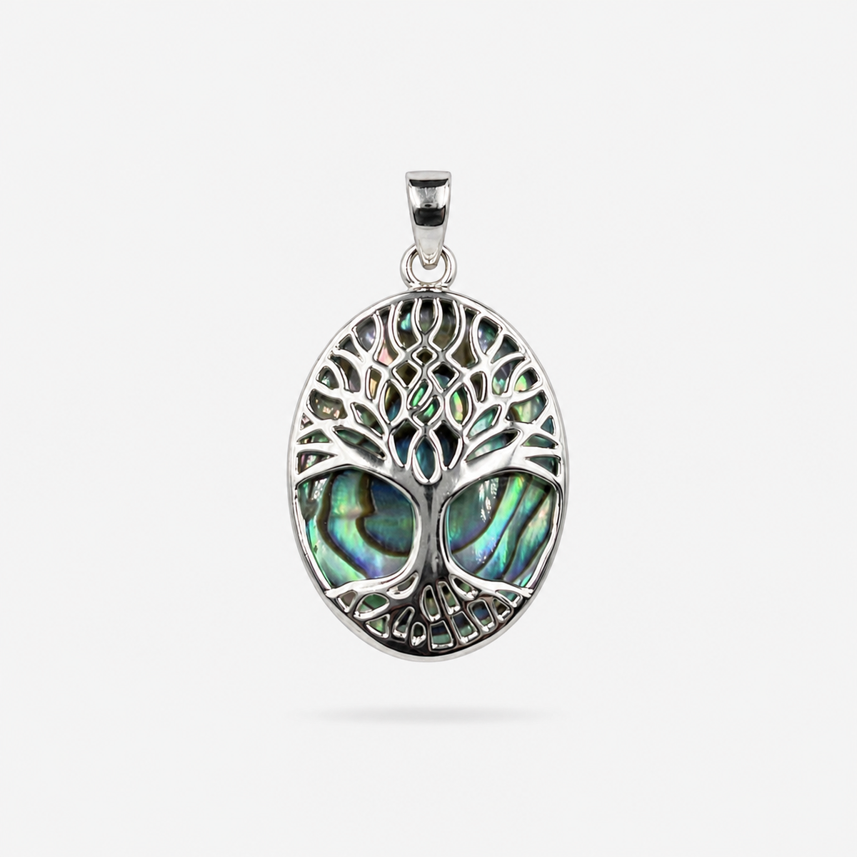 Pendentif Arbre de Vie ovale en Argent 925 et Abalone naturelle sur fond clair