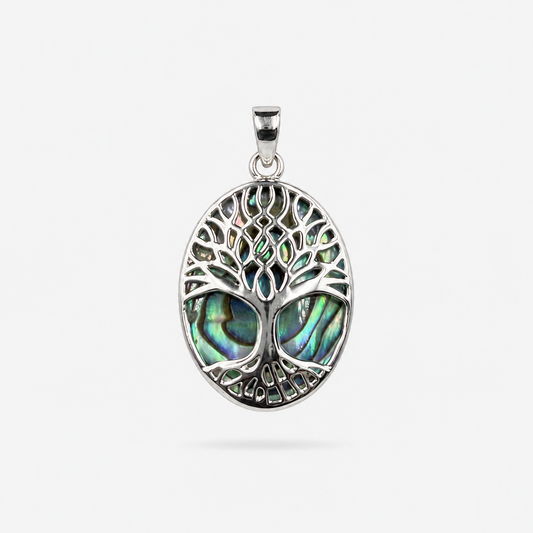 Pendentif Arbre de Vie ovale en Argent 925 et Abalone naturelle sur fond clair