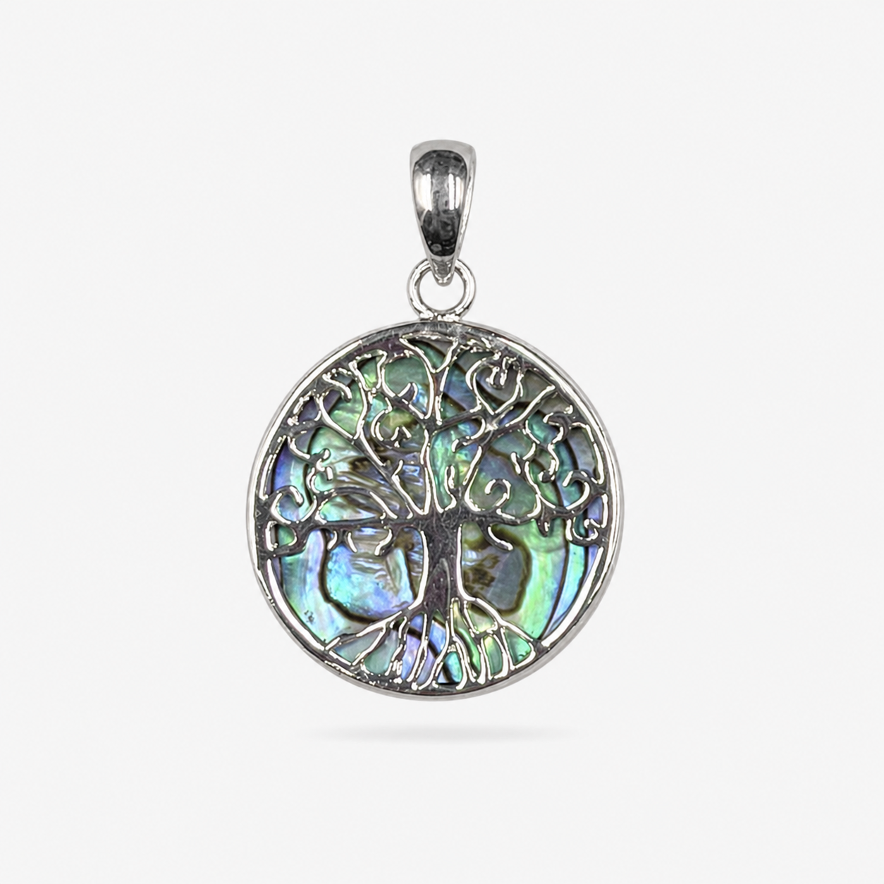 Pendentif arbre de vie en argent 925 et abalone naturelle sur fond gris clair