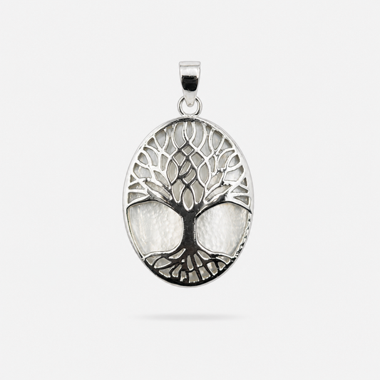 Pendentif Arbre de Vie ovale en Argent 925 et Nacre naturelle sur fond clair