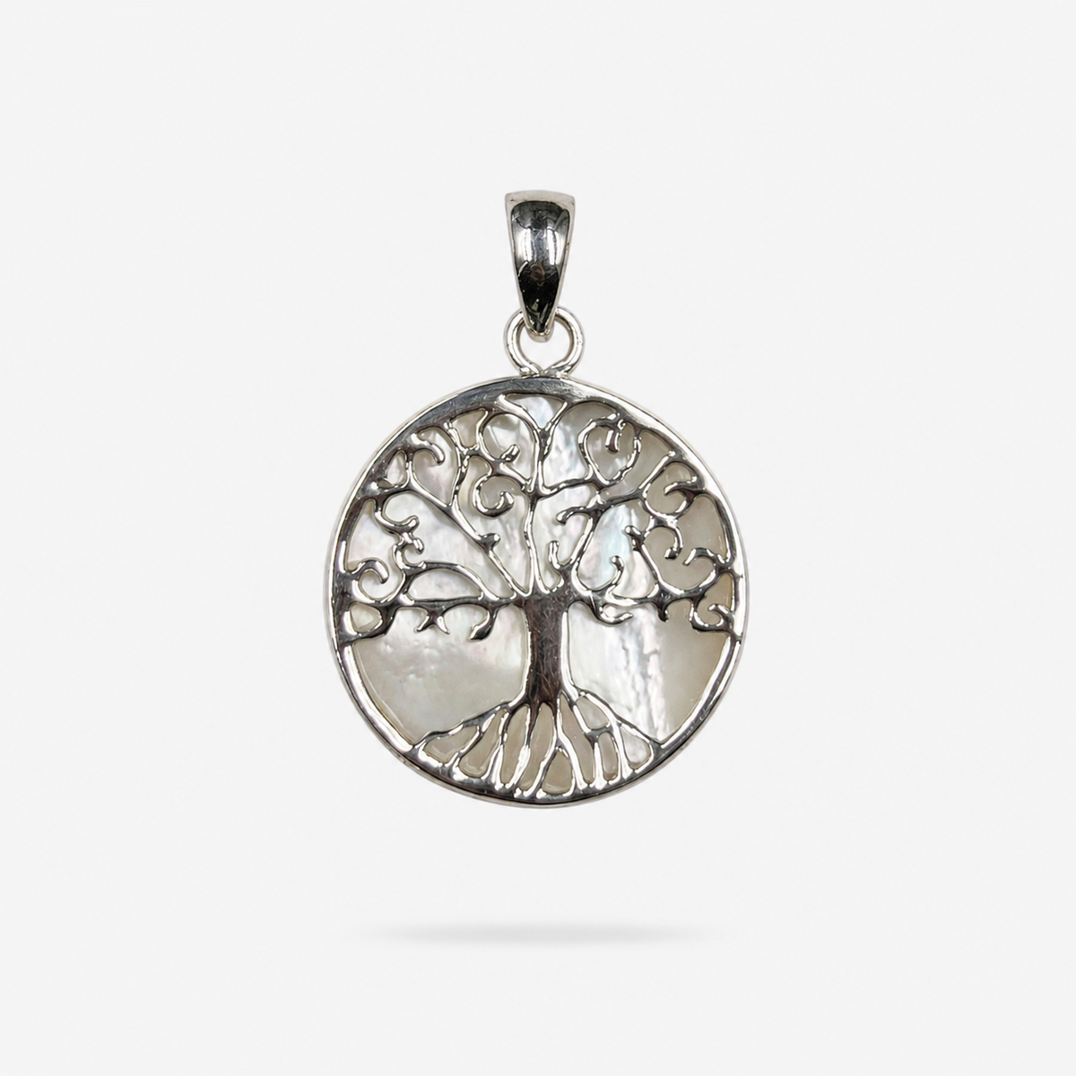 Pendentif Arbre de Vie rond en argent 925 et nacre naturelle