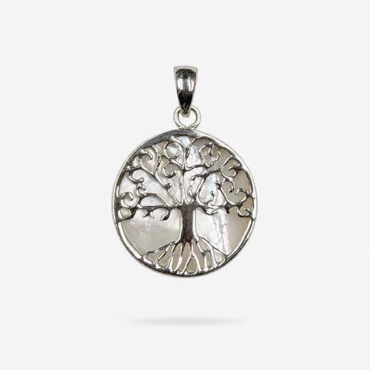 Pendentif Arbre de Vie rond en argent 925 et nacre naturelle