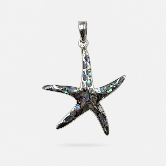 Grand pendentif étoile de mer en Argent 925 et Abalone naturelle sur fond clair