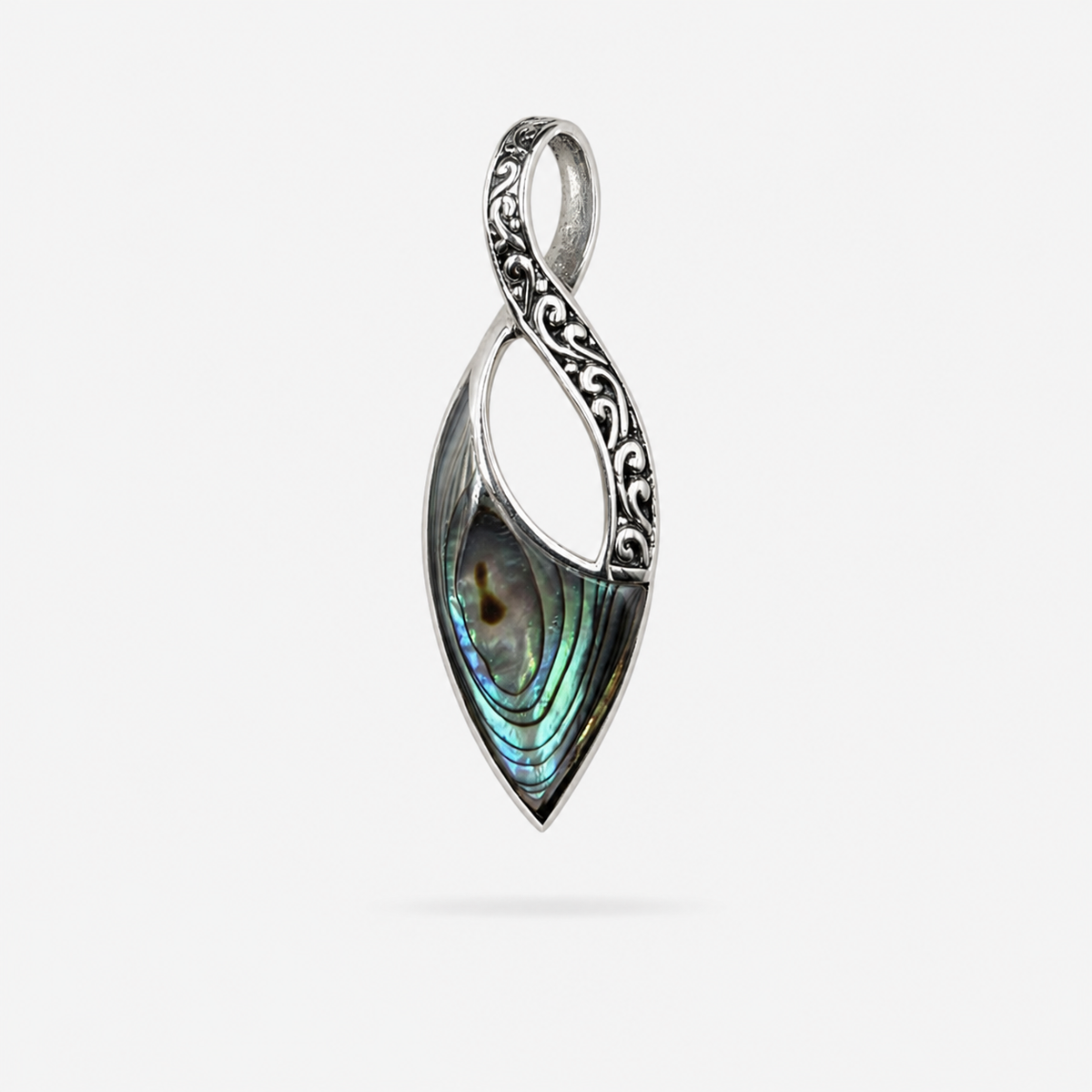 Pendentif goutte en argent 925 et abalone naturelle sur fond gris clair