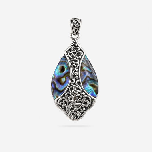 Pendentif goutte en argent 925 et abalone naturelle, monture ciselée