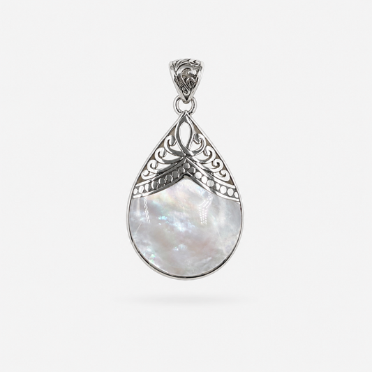 Pendentif grande goutte en argent 925 et nacre naturelle à monture ajourée