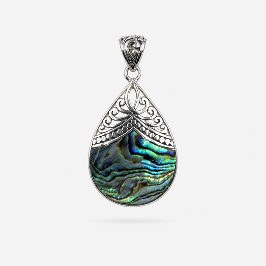 Grand pendentif goutte en argent 925 et abalone naturelle sur fond gris clair