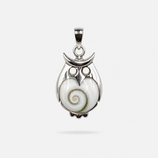 Pendentif hibou en Argent 925 et Œil de Sainte-Lucie naturel sur fond clair