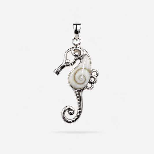 Pendentif hippocampe en Argent 925 et Œil de Sainte-Lucie naturel sur fond clair