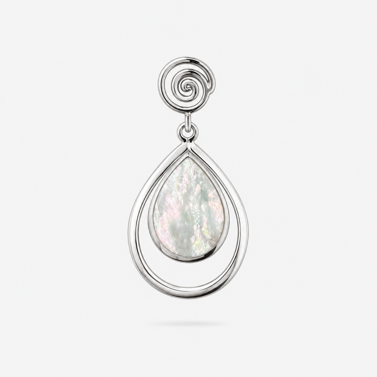 Pendentif spirale en goutte, argent 925 et nacre naturelle