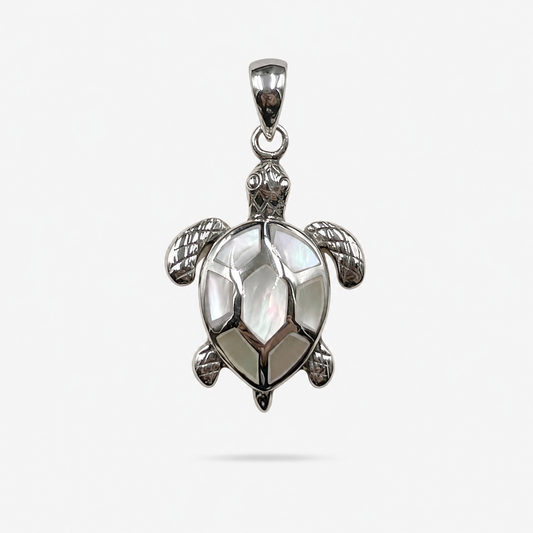Grand pendentif tortue en Argent 925 et Nacre naturelle sur fond clair